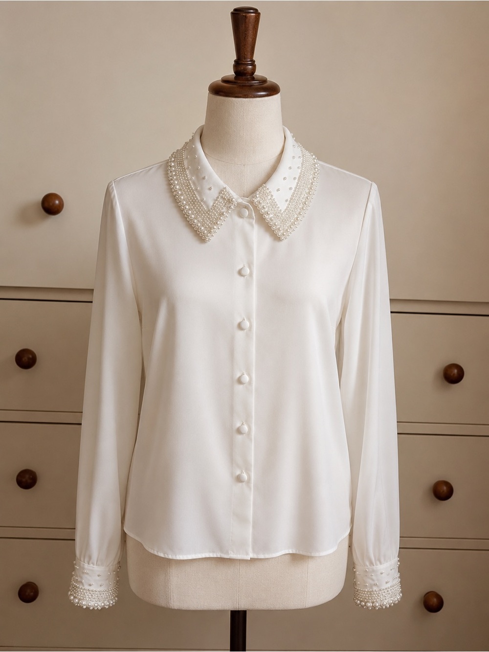 Pearl Embellished Collar & Cuff White Blouse